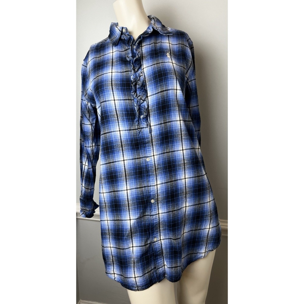 VTG Ralph Lauren Blue Plaid Flannel Women's Small Button Up Ruffle Night Shirt
